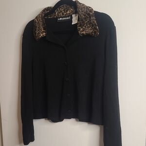 Sag Harbor Black Cardigan with Leopard Print